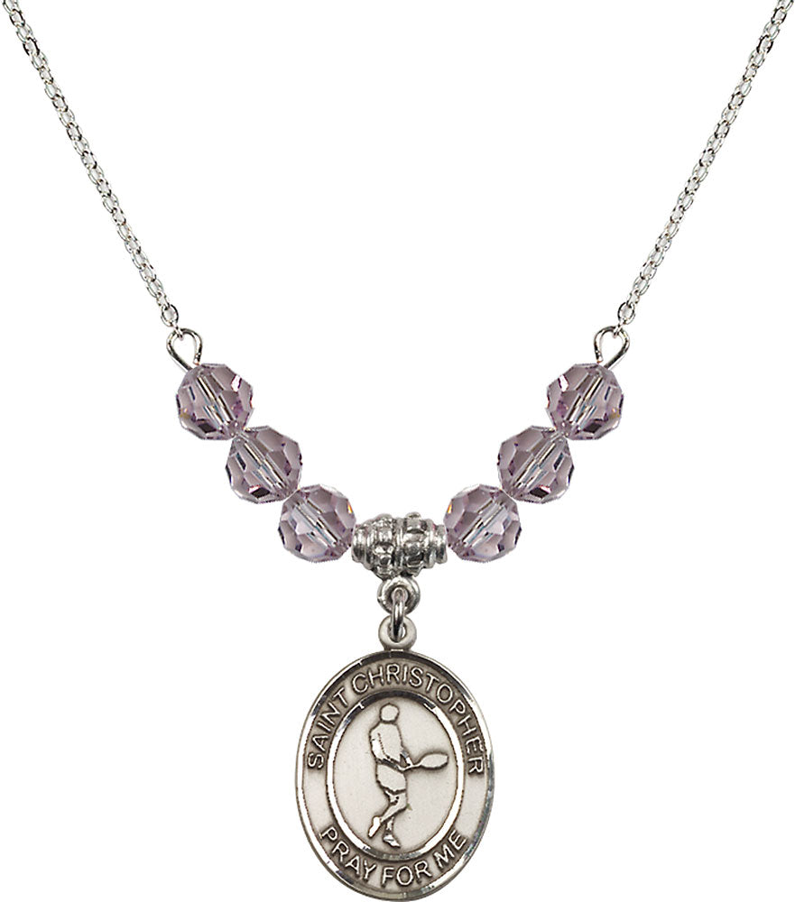 Sterling Silver Saint Christopher/Tennis Birthstone Necklace with Light Amethyst Beads - 8156
