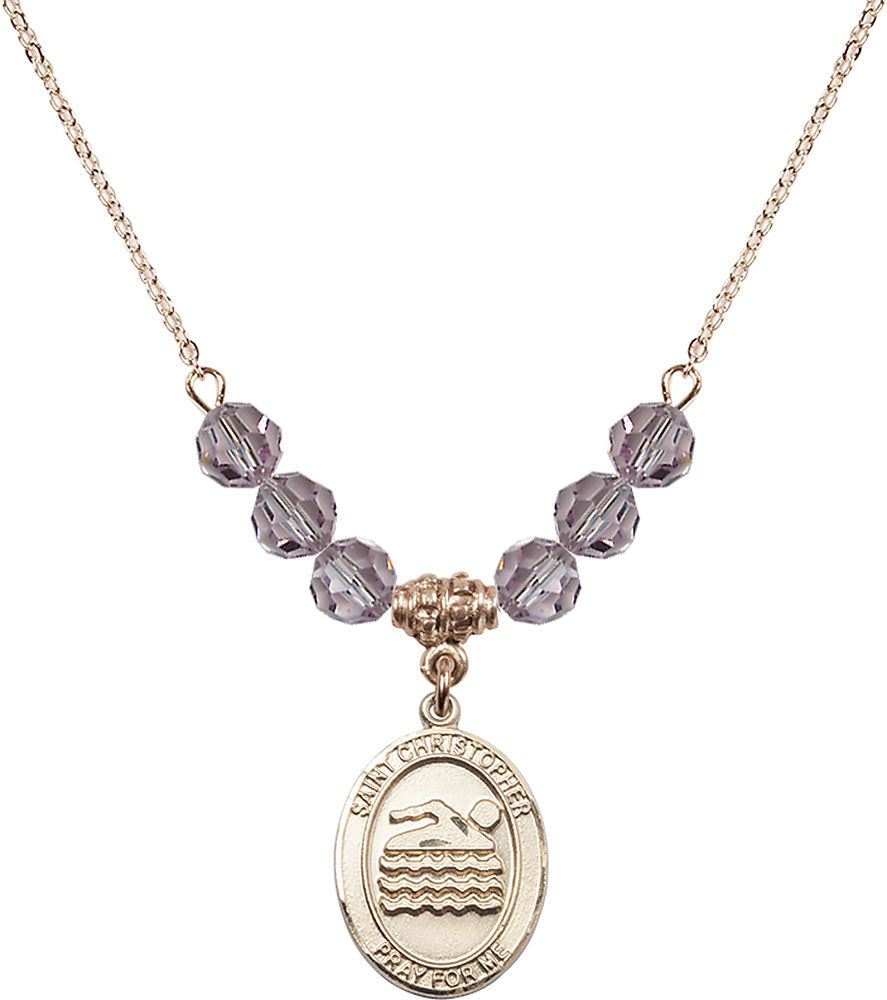 14kt Gold Filled Saint Christopher/Swimming Birthstone Necklace with Light Amethyst Beads - 8157