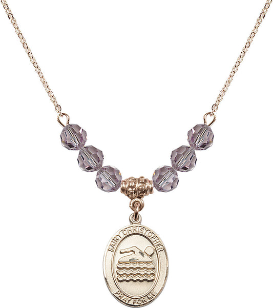 14kt Gold Filled Saint Christopher/Swimming Birthstone Necklace with Light Amethyst Beads - 8157