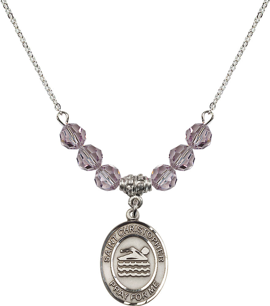 Sterling Silver Saint Christopher/Swimming Birthstone Necklace with Light Amethyst Beads - 8157