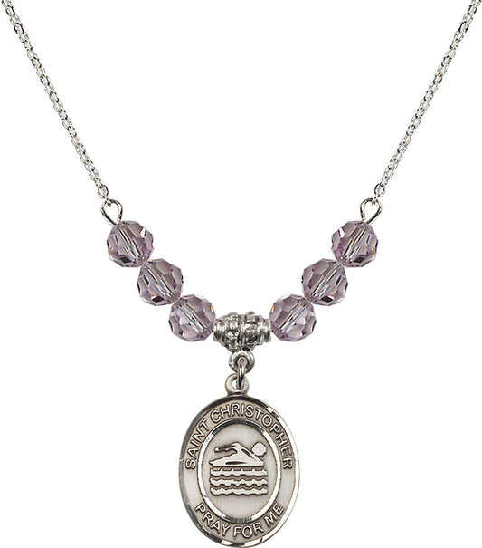 Sterling Silver Saint Christopher/Swimming Birthstone Necklace with Light Amethyst Beads - 8157