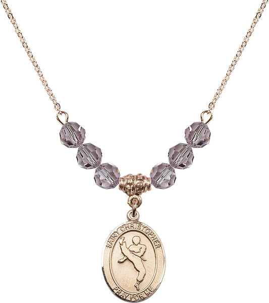 14kt Gold Filled Saint Christopher/Martial Arts Birthstone Necklace with Light Amethyst Beads - 8158