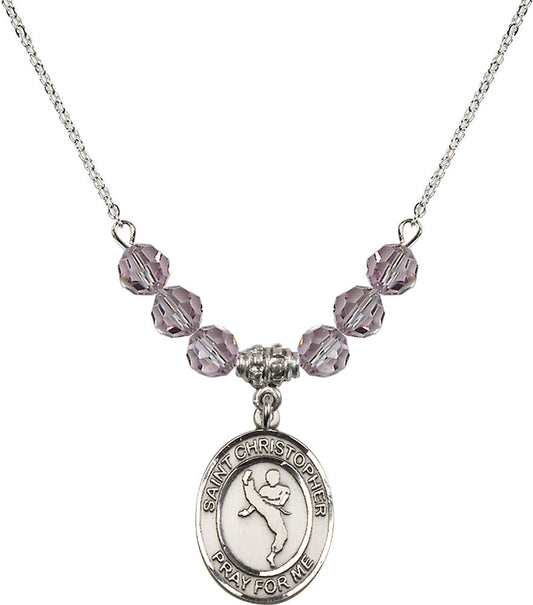 Sterling Silver Saint Christopher/Martial Arts Birthstone Necklace with Light Amethyst Beads - 8158