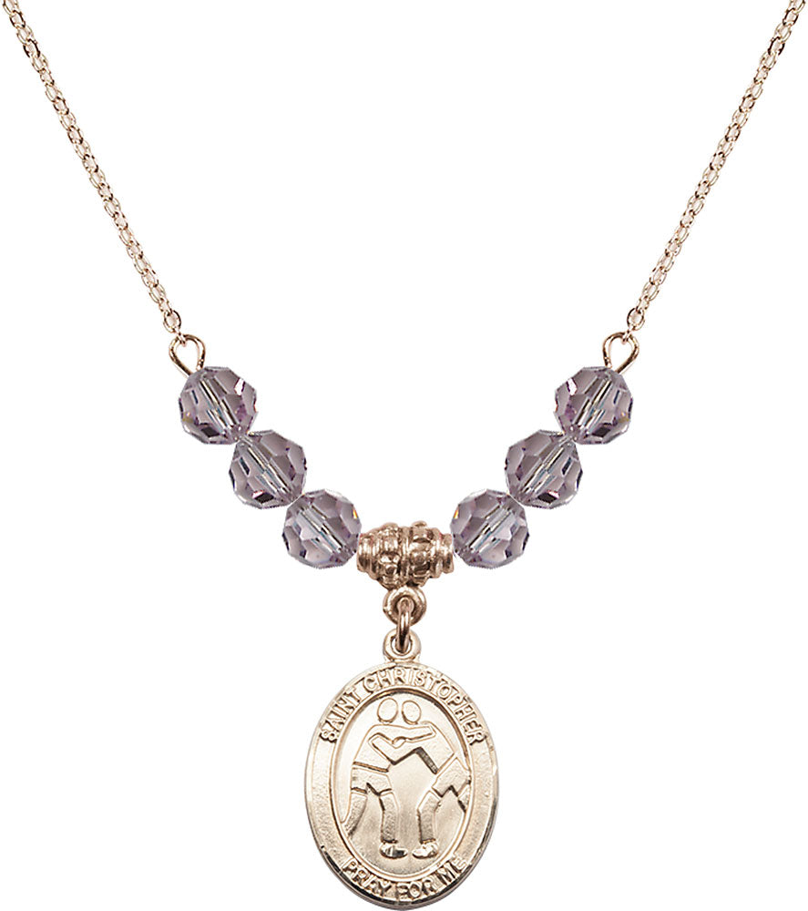14kt Gold Filled Saint Christopher/Wrestling Birthstone Necklace with Light Amethyst Beads - 8159