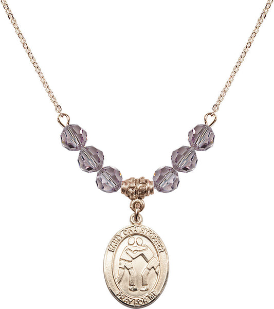 14kt Gold Filled Saint Christopher/Wrestling Birthstone Necklace with Light Amethyst Beads - 8159