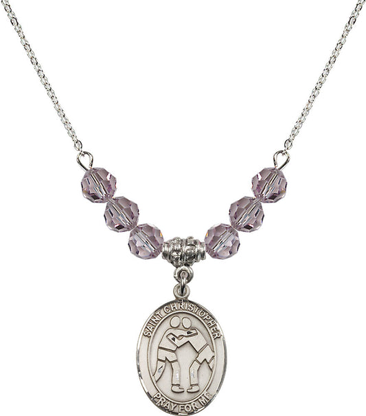 Sterling Silver Saint Christopher/Wrestling Birthstone Necklace with Light Amethyst Beads - 8159