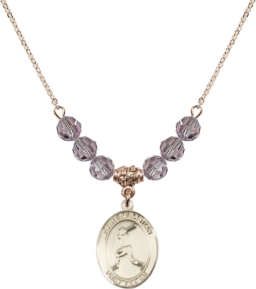 14kt Gold Filled Saint Sebastian/Baseball Birthstone Necklace with Light Amethyst Beads - 8160
