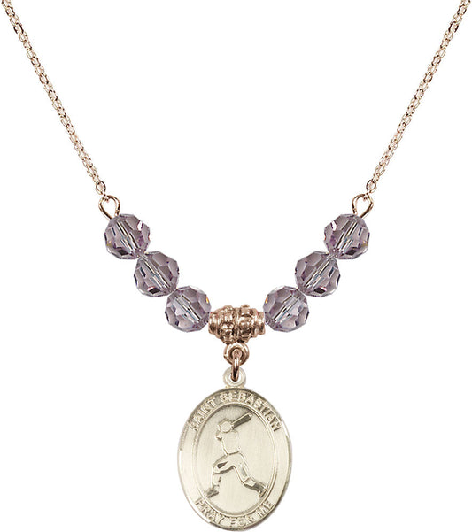 14kt Gold Filled Saint Sebastian/Baseball Birthstone Necklace with Light Amethyst Beads - 8160