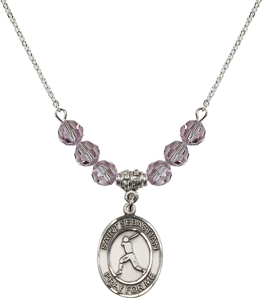 Sterling Silver Saint Sebastian/Baseball Birthstone Necklace with Light Amethyst Beads - 8160