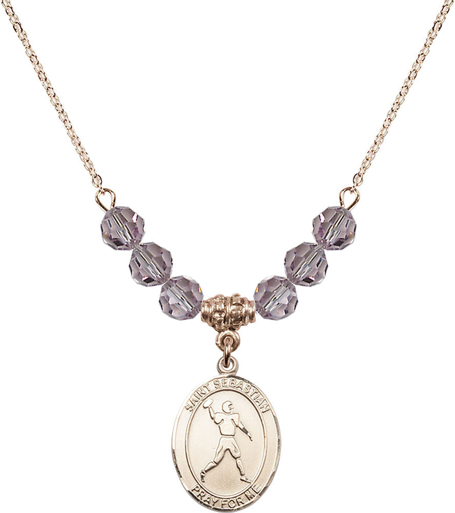 14kt Gold Filled Saint Sebastian/Football Birthstone Necklace with Light Amethyst Beads - 8161