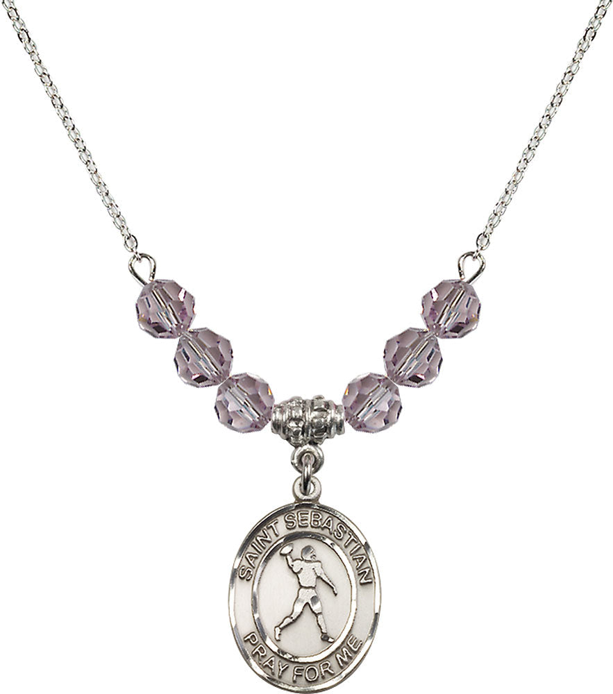 Sterling Silver Saint Sebastian/Football Birthstone Necklace with Light Amethyst Beads - 8161