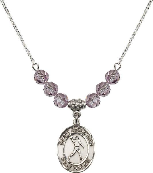 Sterling Silver Saint Sebastian/Football Birthstone Necklace with Light Amethyst Beads - 8161