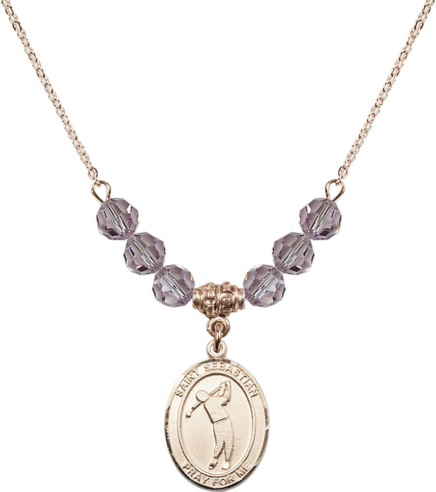 14kt Gold Filled Saint Sebastian/Golf Birthstone Necklace with Light Amethyst Beads - 8162