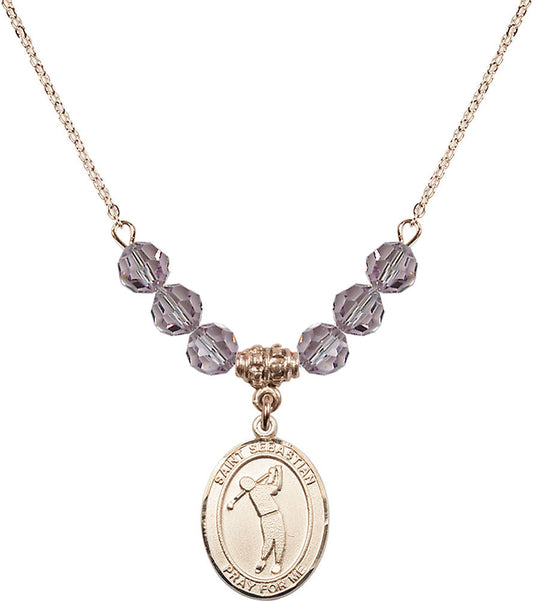 14kt Gold Filled Saint Sebastian/Golf Birthstone Necklace with Light Amethyst Beads - 8162