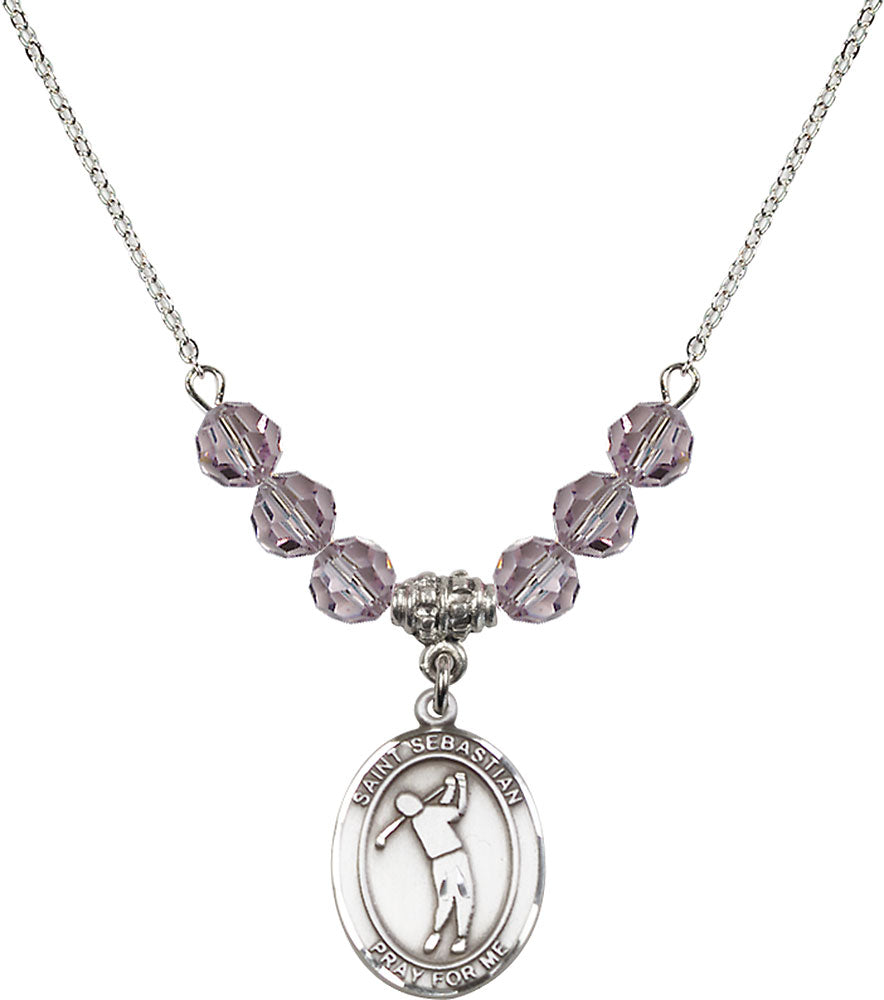 Sterling Silver Saint Sebastian/Golf Birthstone Necklace with Light Amethyst Beads - 8162
