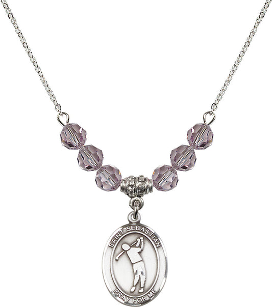 Sterling Silver Saint Sebastian/Golf Birthstone Necklace with Light Amethyst Beads - 8162