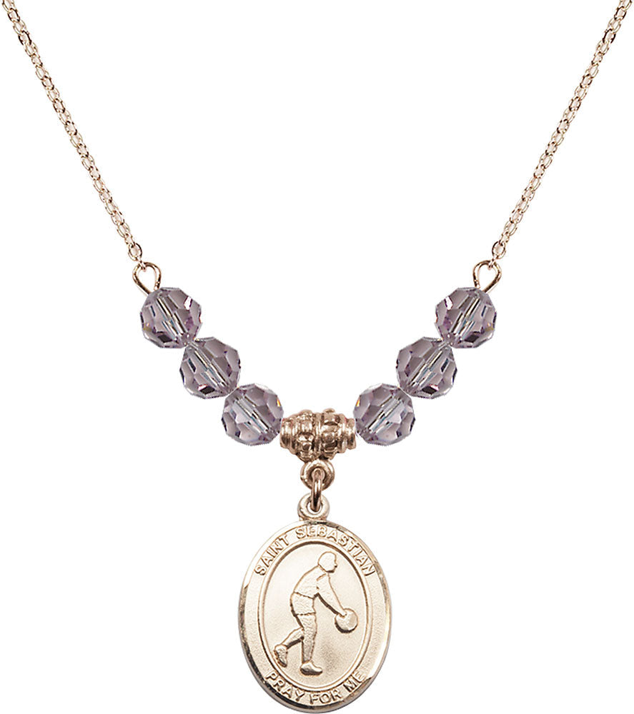 14kt Gold Filled Saint Sebastian/Basketball Birthstone Necklace with Light Amethyst Beads - 8163