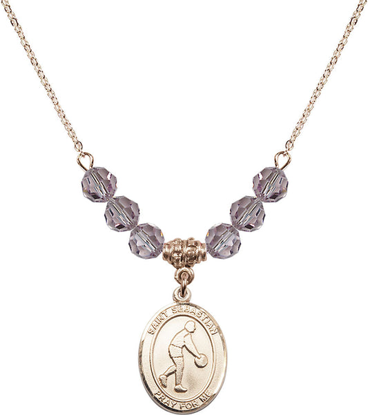 14kt Gold Filled Saint Sebastian/Basketball Birthstone Necklace with Light Amethyst Beads - 8163