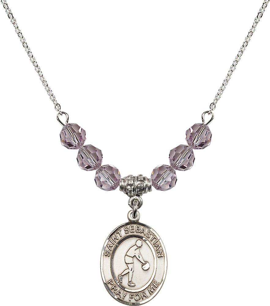 Sterling Silver Saint Sebastian/Basketball Birthstone Necklace with Light Amethyst Beads - 8163