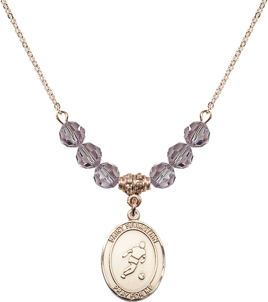14kt Gold Filled Saint Sebastian/Soccer Birthstone Necklace with Light Amethyst Beads - 8164