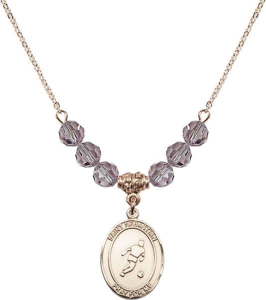 14kt Gold Filled Saint Sebastian/Soccer Birthstone Necklace with Light Amethyst Beads - 8164