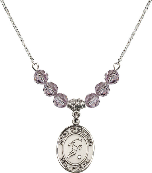 Sterling Silver Saint Sebastian/Soccer Birthstone Necklace with Light Amethyst Beads - 8164