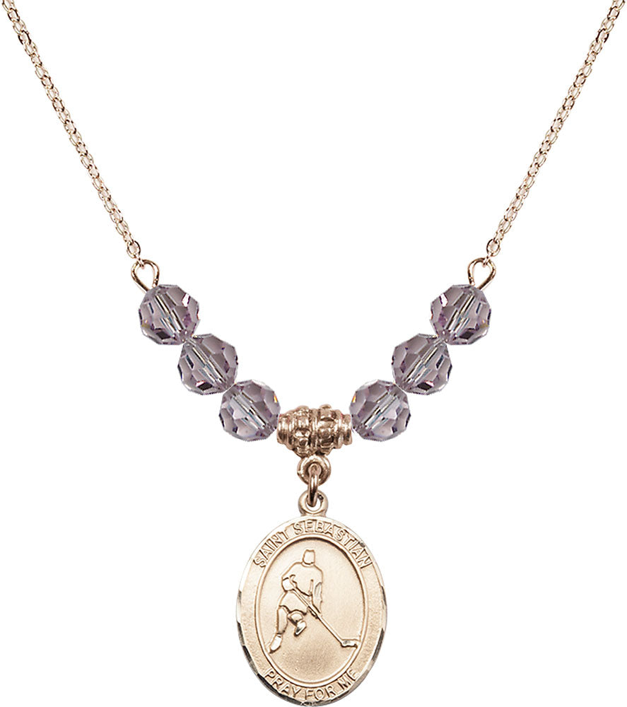 14kt Gold Filled Saint Sebastian/Ice Hockey Birthstone Necklace with Light Amethyst Beads - 8165
