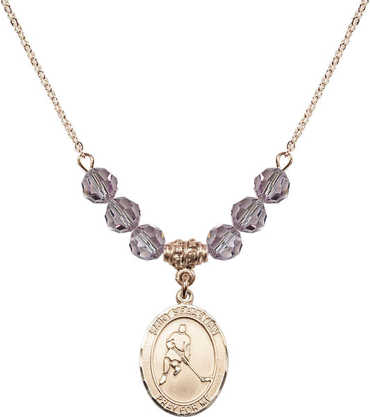 14kt Gold Filled Saint Sebastian/Ice Hockey Birthstone Necklace with Light Amethyst Beads - 8165