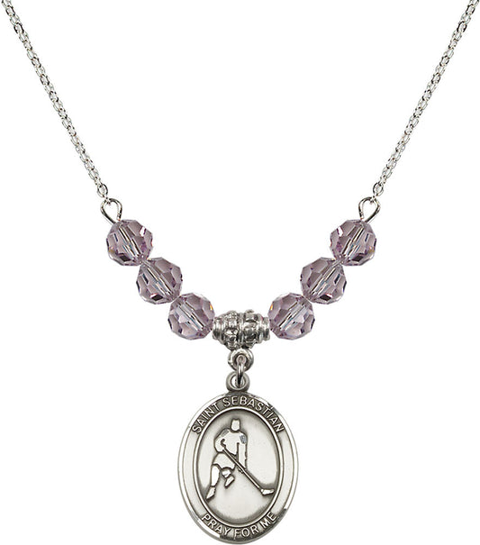 Sterling Silver Saint Sebastian/Ice Hockey Birthstone Necklace with Light Amethyst Beads - 8165