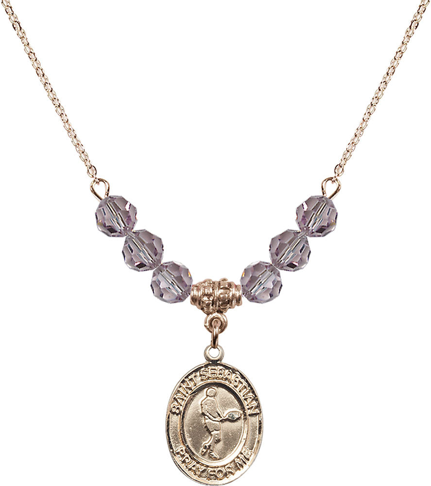 14kt Gold Filled Saint Sebastian/Tennis Birthstone Necklace with Light Amethyst Beads - 8166