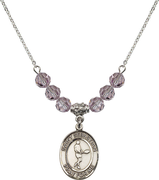 Sterling Silver Saint Sebastian/Tennis Birthstone Necklace with Light Amethyst Beads - 8166