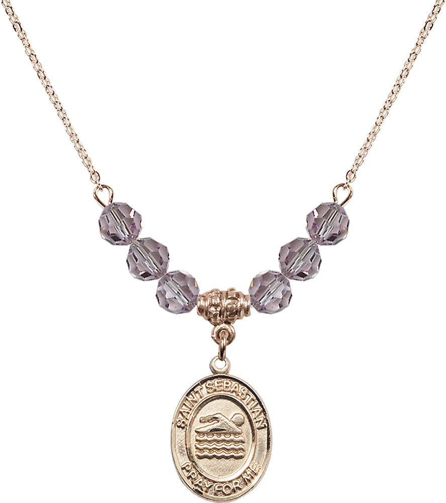 14kt Gold Filled Saint Sebastian/Swimming Birthstone Necklace with Light Amethyst Beads - 8167