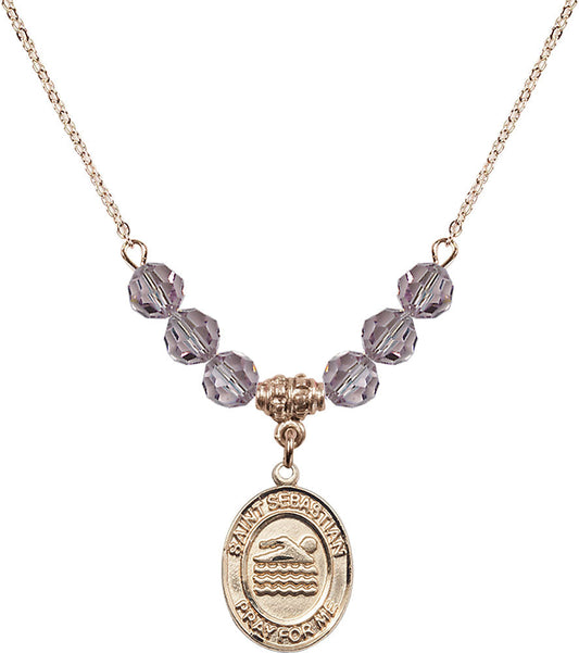 14kt Gold Filled Saint Sebastian/Swimming Birthstone Necklace with Light Amethyst Beads - 8167