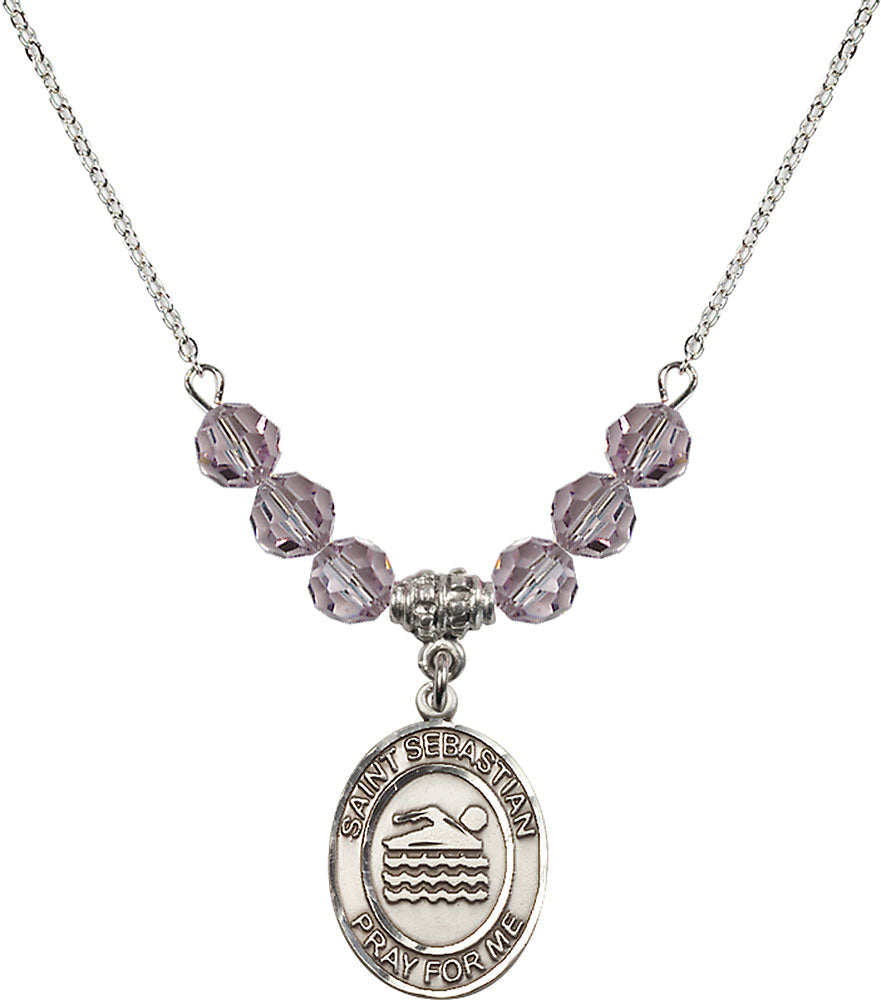 Sterling Silver Saint Sebastian/Swimming Birthstone Necklace with Light Amethyst Beads - 8167
