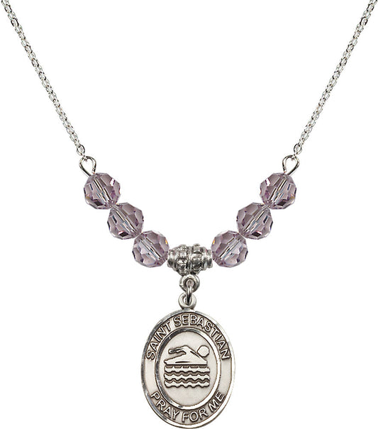 Sterling Silver Saint Sebastian/Swimming Birthstone Necklace with Light Amethyst Beads - 8167