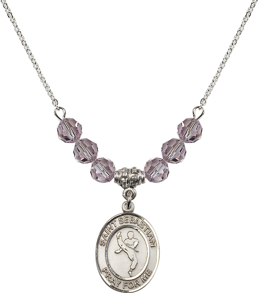 Sterling Silver Saint Sebastian/Martial Arts Birthstone Necklace with Light Amethyst Beads - 8168