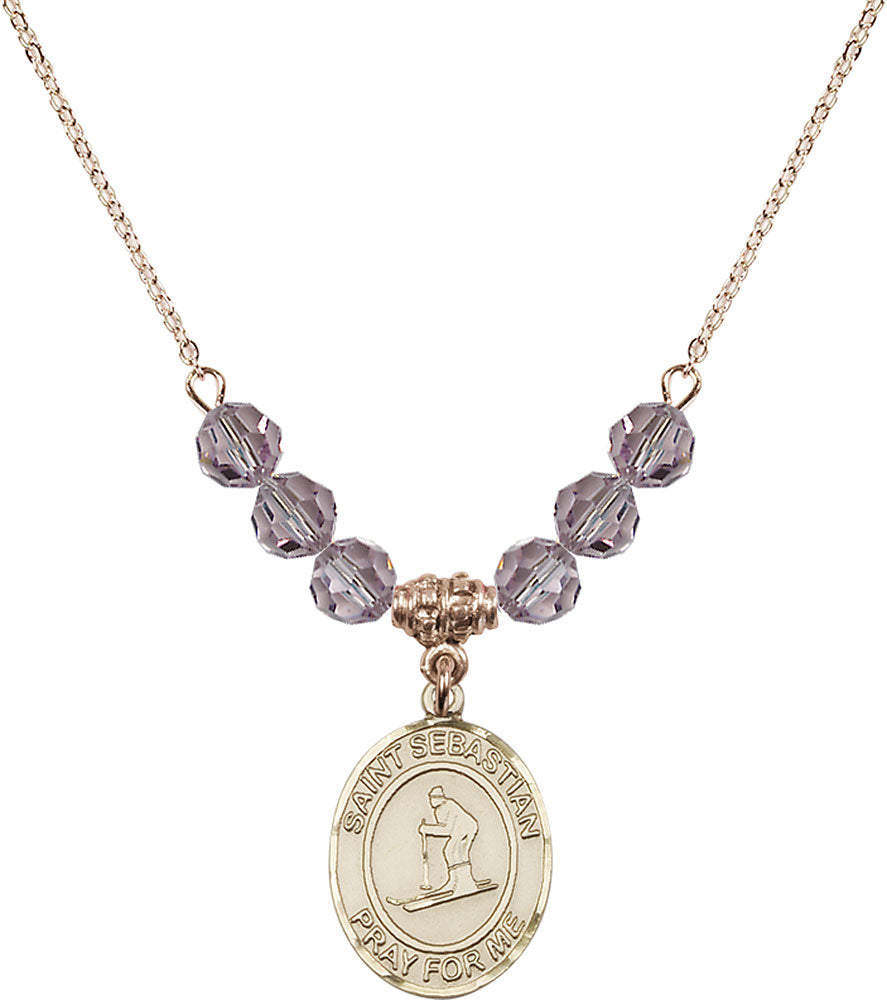 14kt Gold Filled Saint Sebastian/Skiing Birthstone Necklace with Light Amethyst Beads - 8169