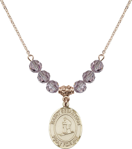 14kt Gold Filled Saint Sebastian/Skiing Birthstone Necklace with Light Amethyst Beads - 8169