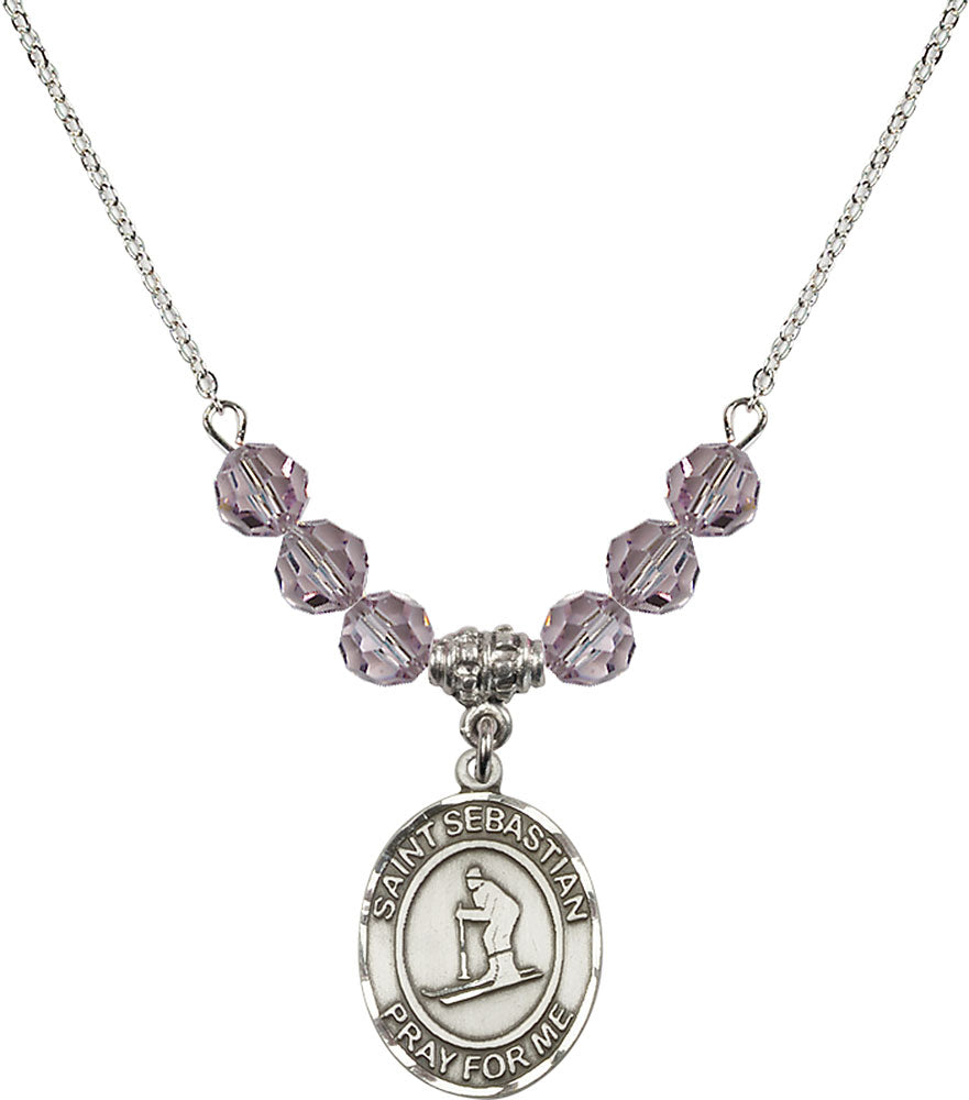 Sterling Silver Saint Sebastian/Skiing Birthstone Necklace with Light Amethyst Beads - 8169
