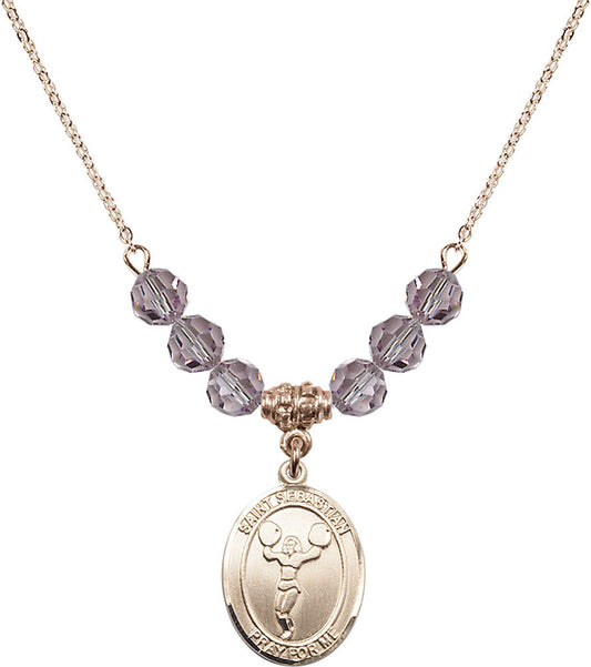 14kt Gold Filled Saint Sebastian/Cheerleading Birthstone Necklace with Light Amethyst Beads - 8170