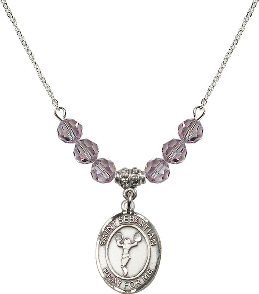 Sterling Silver Saint Sebastian/Cheerleading Birthstone Necklace with Light Amethyst Beads - 8170