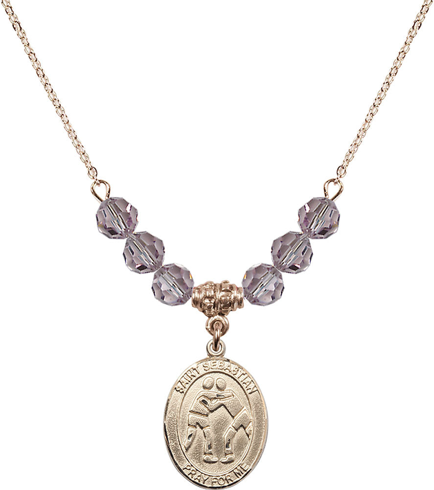 14kt Gold Filled Saint Sebastian/Wrestling Birthstone Necklace with Light Amethyst Beads - 8171