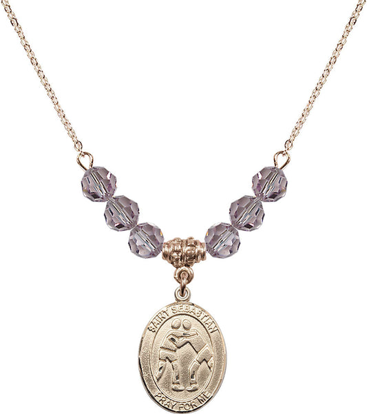 14kt Gold Filled Saint Sebastian/Wrestling Birthstone Necklace with Light Amethyst Beads - 8171