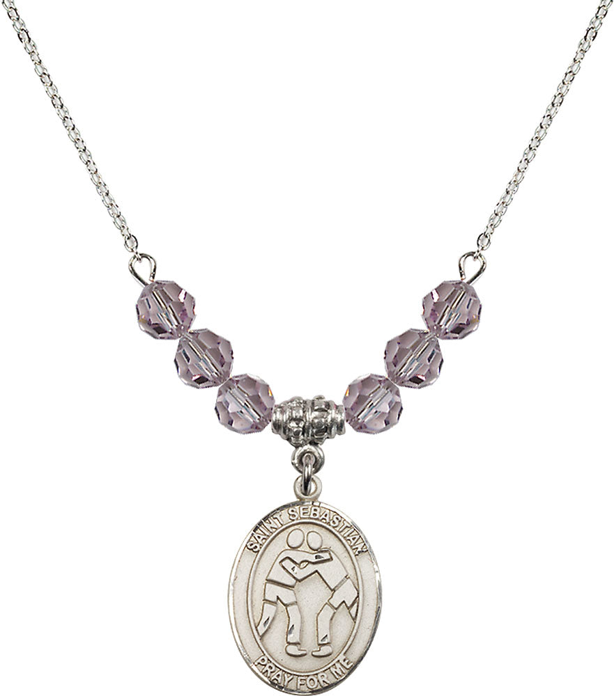 Sterling Silver Saint Sebastian/Wrestling Birthstone Necklace with Light Amethyst Beads - 8171