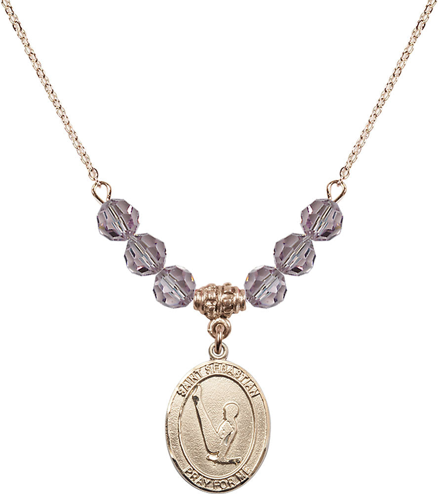 14kt Gold Filled Saint Sebastian/Gymnastics Birthstone Necklace with Light Amethyst Beads - 8172