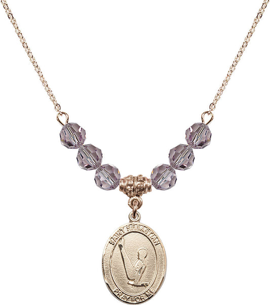 14kt Gold Filled Saint Sebastian/Gymnastics Birthstone Necklace with Light Amethyst Beads - 8172
