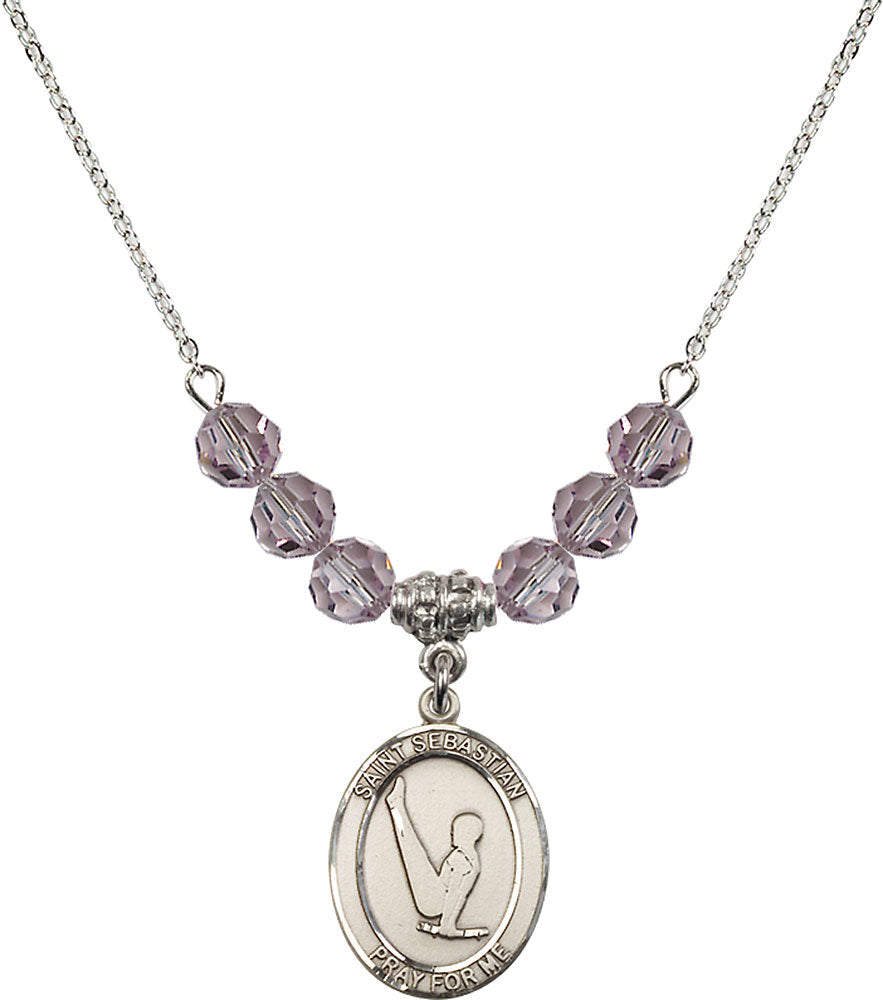 Sterling Silver Saint Sebastian/Gymnastics Birthstone Necklace with Light Amethyst Beads - 8172
