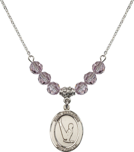 Sterling Silver Saint Sebastian/Gymnastics Birthstone Necklace with Light Amethyst Beads - 8172