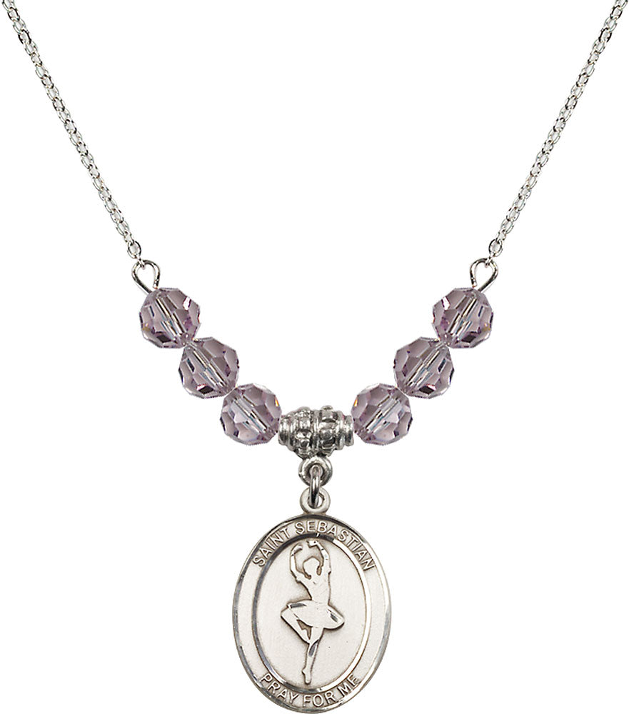 Sterling Silver Saint Sebastian/Dance Birthstone Necklace with Light Amethyst Beads - 8173