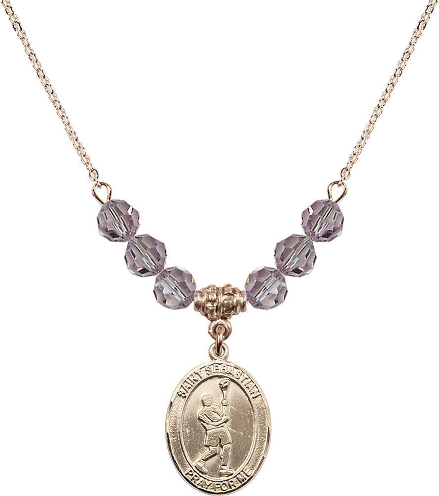 14kt Gold Filled Saint Sebastian/Lacrosse Birthstone Necklace with Light Amethyst Beads - 8174